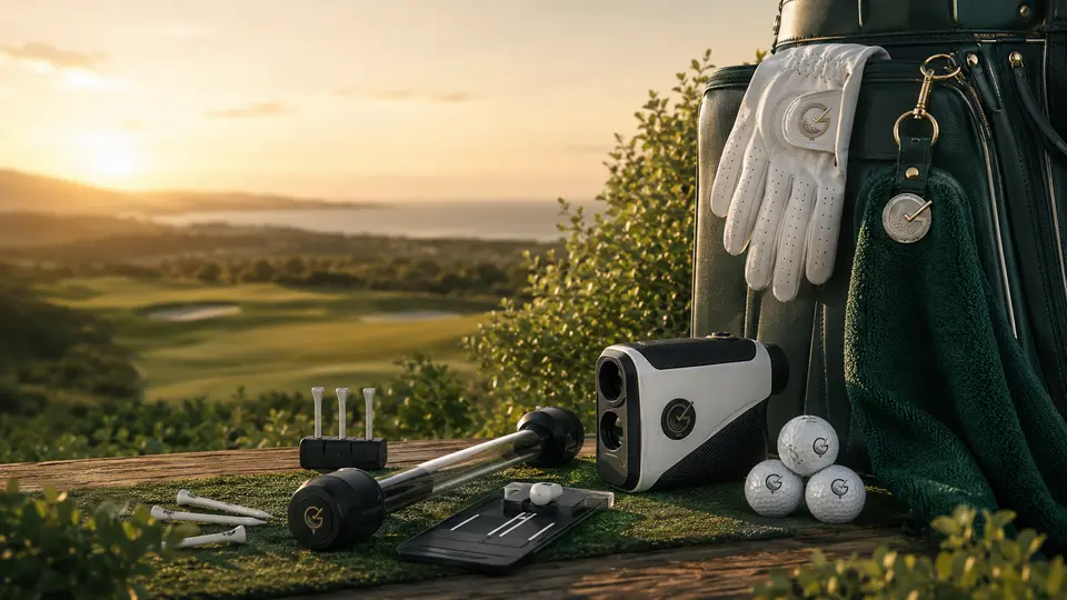 Golf rangefinder, training tools, glove, bag, and golf balls on a course overlook