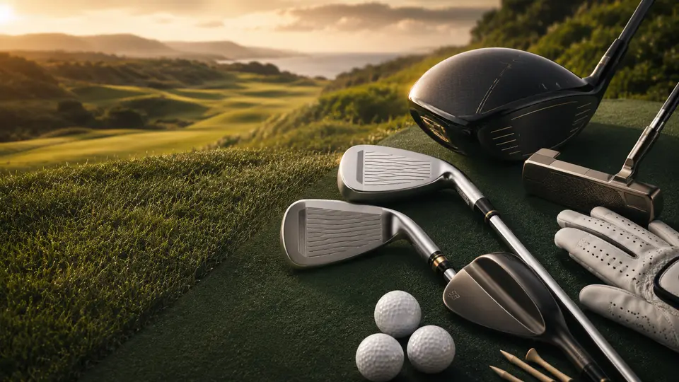 Premium golf clubs and golf balls arranged on a tee box at sunset