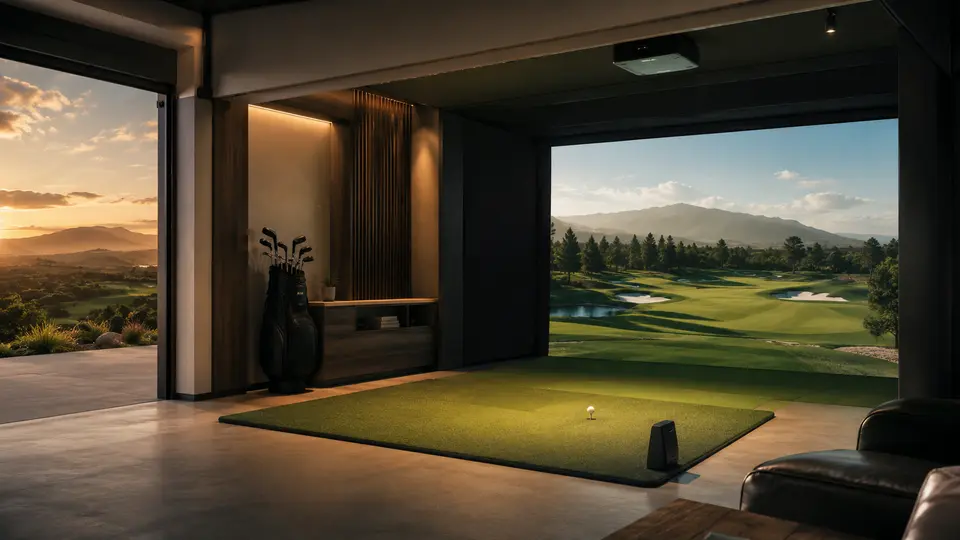 Premium indoor golf simulator room with a hitting mat and projected course
